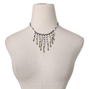 Vintage Beaded Statement Necklace 17" Black White Brass 90s Boho Tribal Hippie